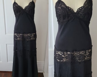 Vintage black lace tiered maxi gown slip dress 90s