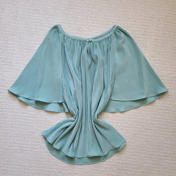 Vintage 80s 2 piece seafoam bell sleeve microplea… - image 1