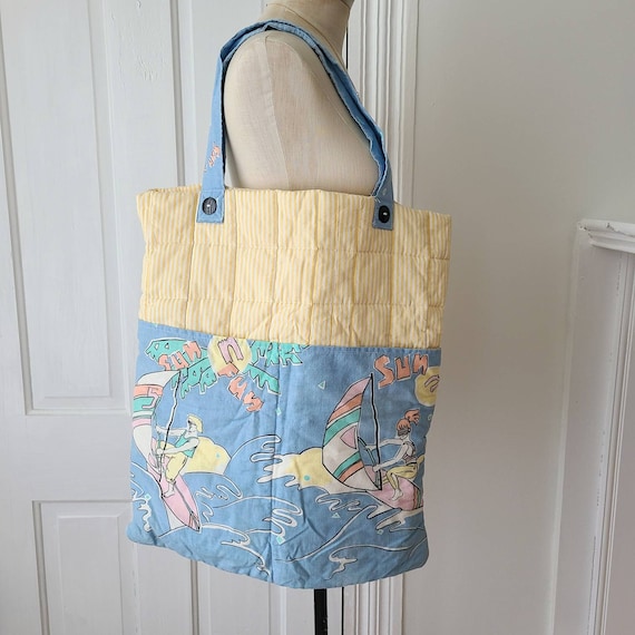 Vintage 90s quilted beach bag tote shopping bag s… - image 1