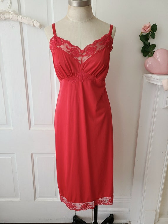 Vintage cherry red slip dress with lace