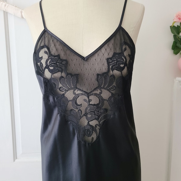 Vintage black satin slip dress maxi gown with sheer lace bodice