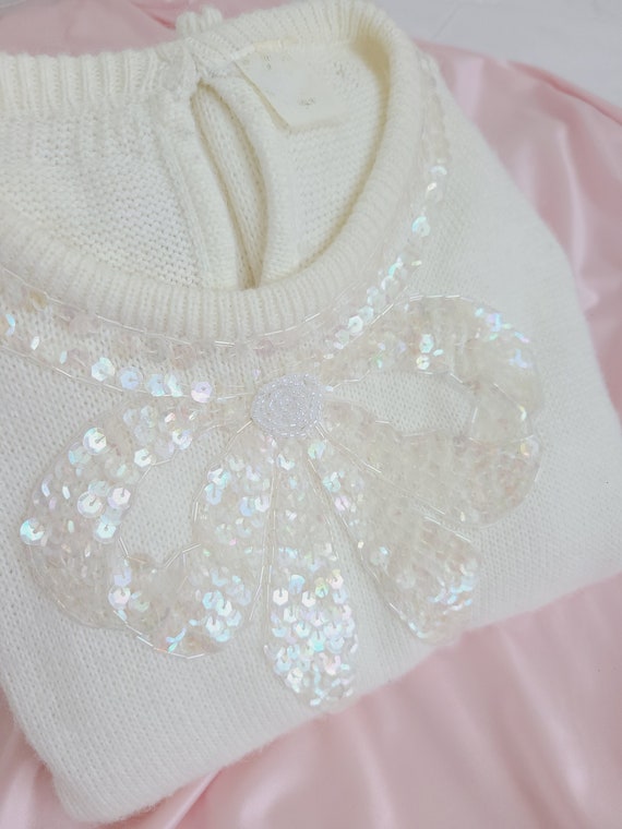 Girly romantic bow sequin ivory sweater dress
