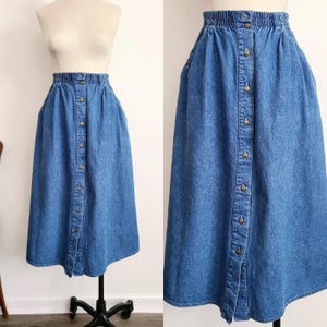 Vintage Denim High Waisted Midi Button Front Farmhouse Chore Skirt