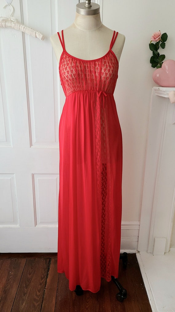 Vintage cherry red lace maxi gown slip dress