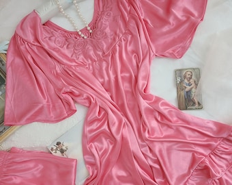 Vintage silky rose pink babydoll top pajama set