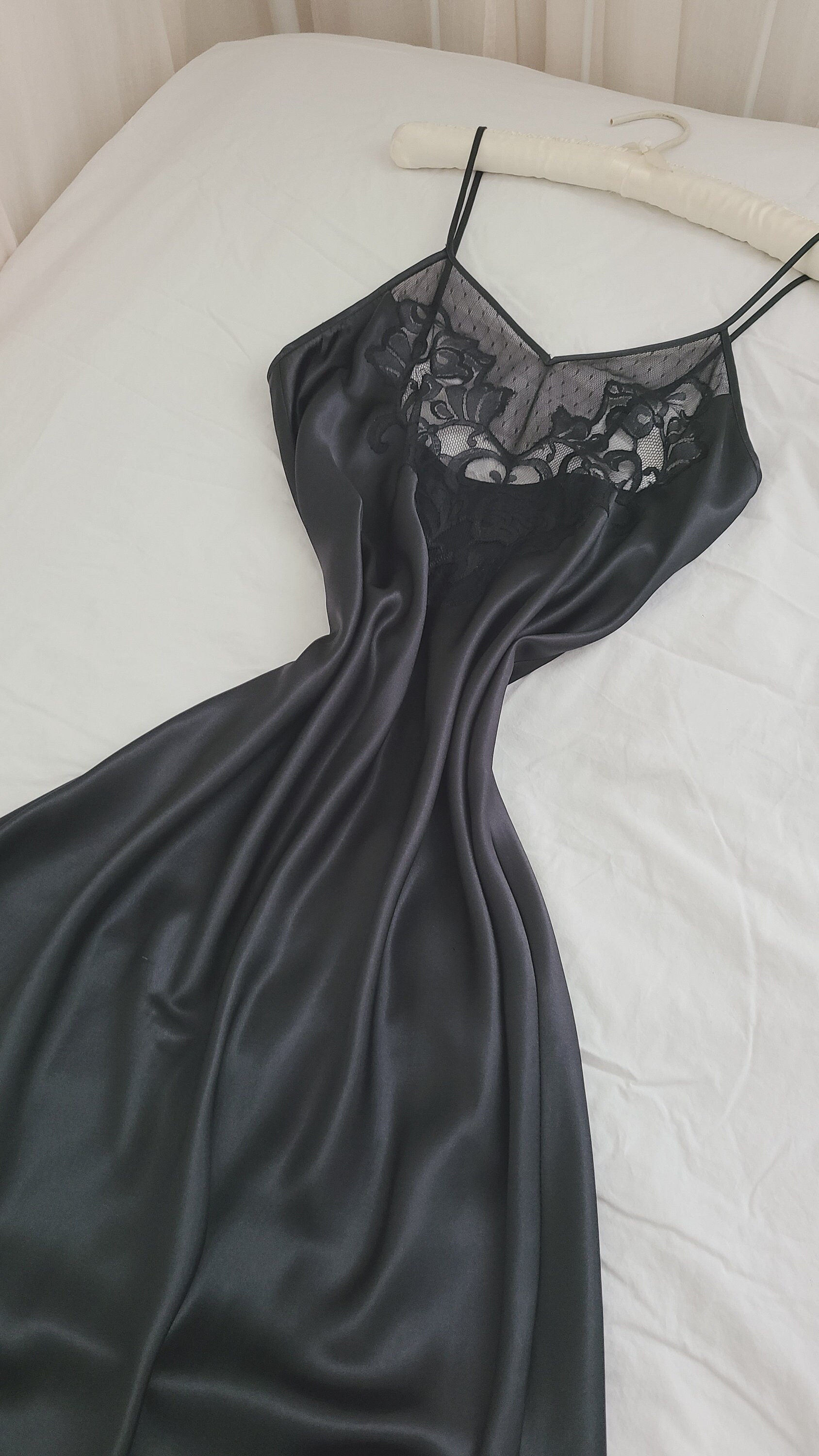 Vintage Black Satin Slip Dress Maxi Gown With Sheer Lace