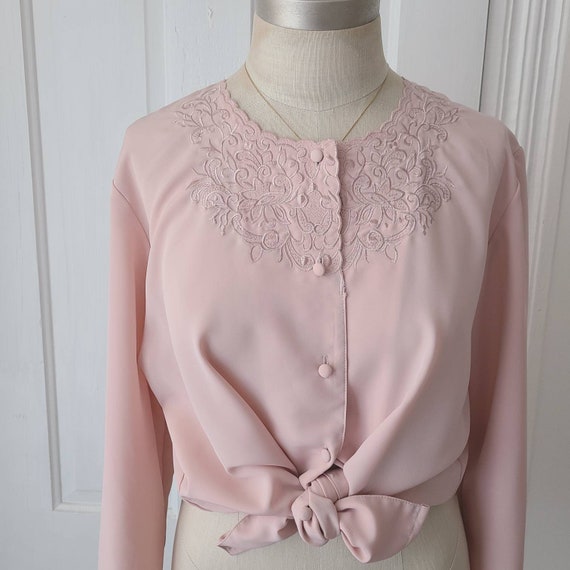 Vintage 80s dusty rose pink floral embroidered bu… - image 1