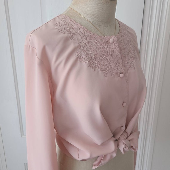 Vintage 80s dusty rose pink floral embroidered bu… - image 3