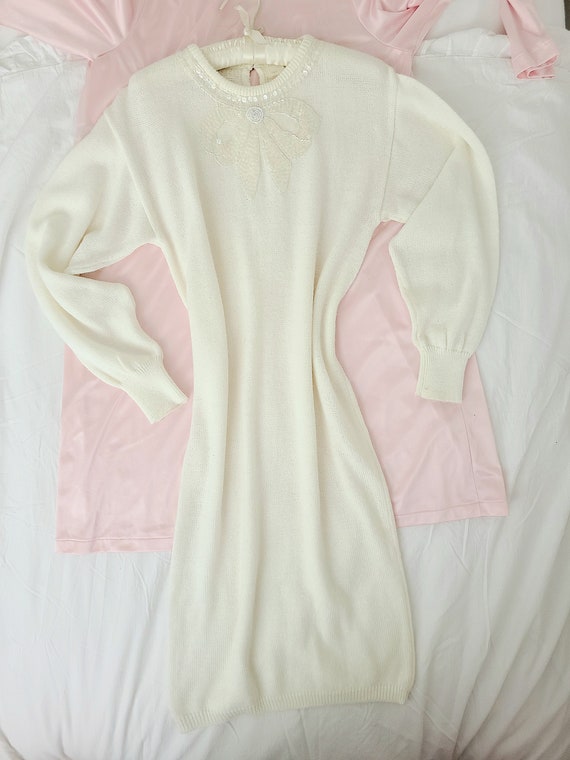 Girly romantic bow sequin ivory sweater dress - image 3