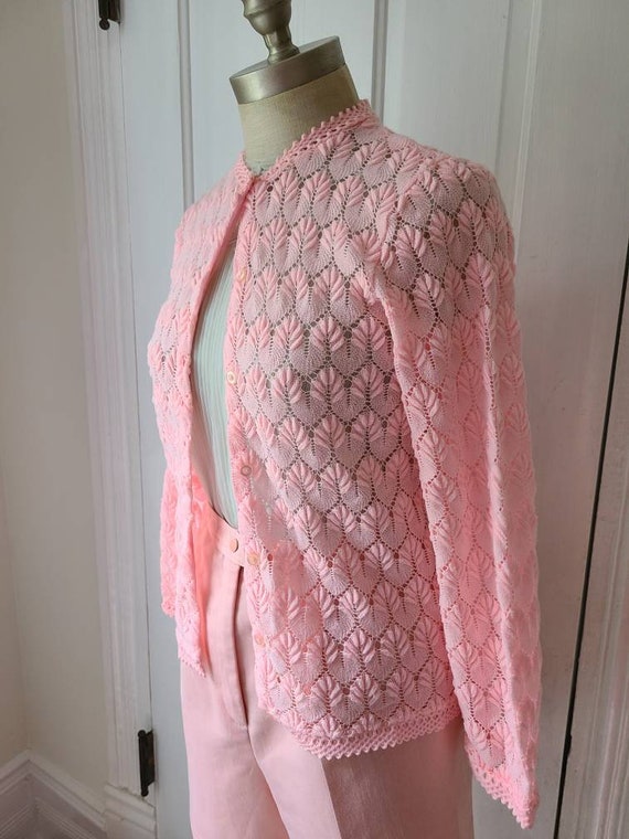 Vintage 60s bubblegum pink knitted cardigan sweat… - image 2