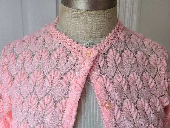 Vintage 60s bubblegum pink knitted cardigan sweat… - image 3