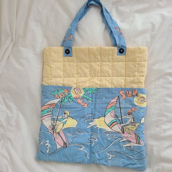Vintage 90s quilted beach bag tote shopping bag s… - image 2