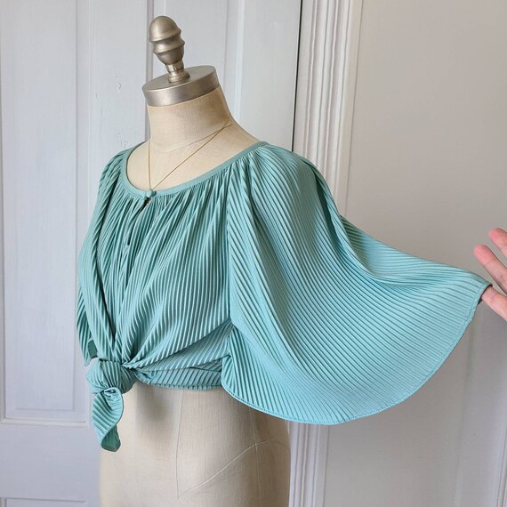 Vintage 80s 2 piece seafoam bell sleeve microplea… - image 5