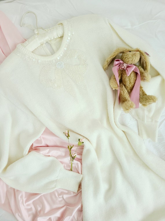 Girly romantic bow sequin ivory sweater dress - image 2