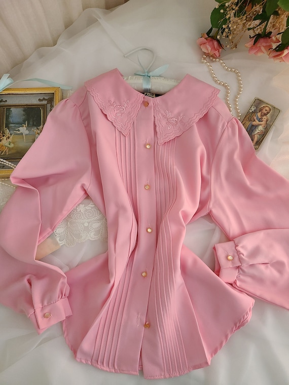 Cottagecore vintage embroidered collar pink blouse