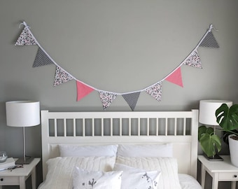 Pink, Charcoal Grey - Upcycled Fabric Bunting, Garland, Flag Banner