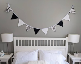 Black, White - Upcycled Fabric Bunting, Garland, Flag Banner