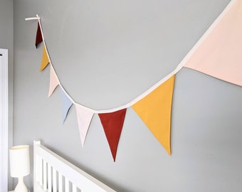 Upcycled Fabric Bunting, Garland, Flag Banner - Rust, Mustard, Pink, Blue-Grey and Beige