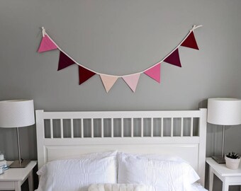 Solid Red, Pink - Small Upcycled Fabric Bunting, Garland, Flag Banner