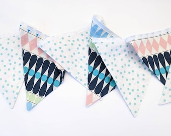 Blue, Turquoise, Pink - Upcycled Fabric Bunting, Garland, Flag Banner