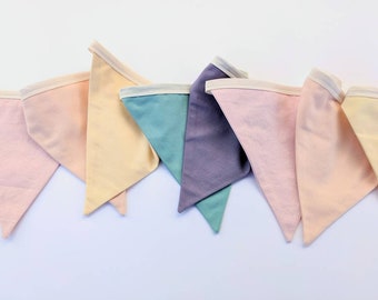 Pastel Pink, Yellow, Green, Purple - Small Upcycled Fabric Bunting, Garland, Flag Banner