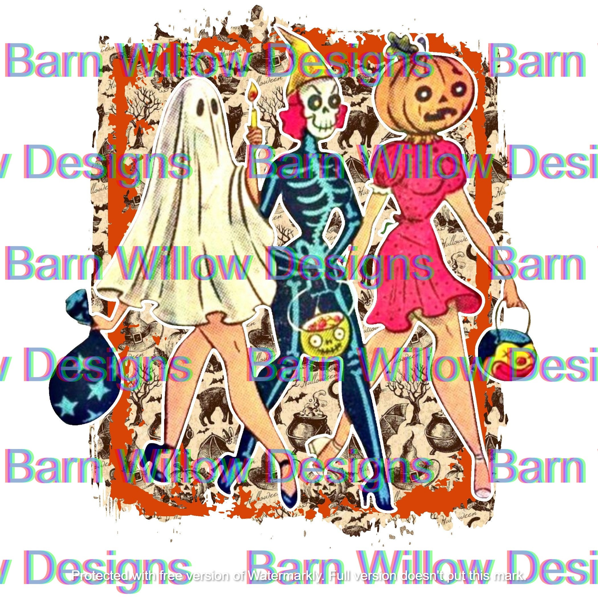 Vintage Halloween Girl Trio Ghost Skeleton & Pumpkin PNG Digital Down…