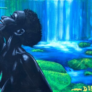 May include: Acrylic painting of a person with dark skin, looking upwards with hands raised, and mouth open. A waterfall is in the background, with green foliage and blue water. The artist's signature, "DEBO," is in gold.