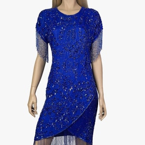 Vintage Silk Heavy Beaded Dress, Vintage Sequin Beaded Silk Blue Dress Party Cocktail Holiday Dress 1980s