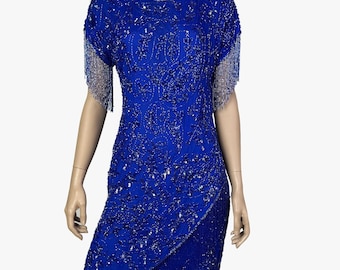 Vintage Silk Heavy Beaded Dress, Vintage Sequin Beaded Silk Blue Dress Party Cocktail Holiday Dress 1980s