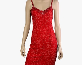 Vintage Wallis Exclusive Perlen Seide Abendkleid, rotes besticktes Midikleid, Größe M