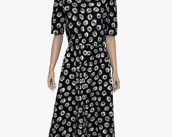 Vintage printed cotton midi dress, Kenzo style black and white dress