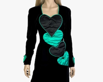 CLAUDE PETIN couture vintage evening velvet dress 1980s, heart appliqué dress, evening gown