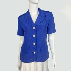 Vintage blue short sleeves blazer with pearl buttons, women summer blazer, party blazer