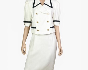 Louis Feraud old money vintage skirt suit, elegant short sleeve white blazer skirt, summer vacation women suit, 1980s