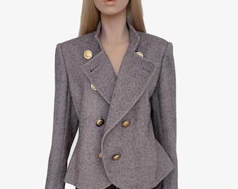 Vintage AKRIS asymmetric grey wool blazer / jacket with accent gold buttons, size S-M