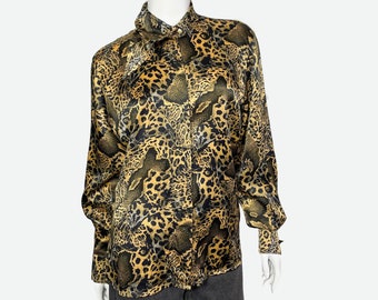 ESCADA vintage silk blouse, animal print blouse, gold and black shirt, evening blouse, gold buttons, vintage silk top, 80s blouse