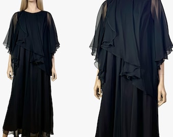 Jean Varon black maxi cape dress, black chiffon tiered evening gown 1970s