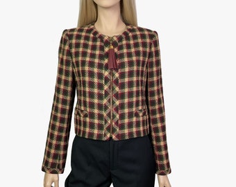 VALENTINO  Miss V vintage cropped checked blazer / jacket, beige green and burgundy with leather details,  1980's