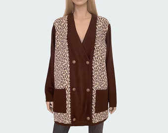 Vintage Animal Print Wool Blend Cardigan (L-XL), 80s