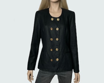 Vintage STIFF black linen double-breasted blazer with metal gold buttons, women Black Vintage Linen Jacket