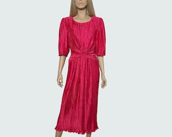 GEORGE F COUTURE vintage pink pleated dress with balloon sleeves, Vintage Pink Plisse Evening Dress, formal dress, prom dress 80s.