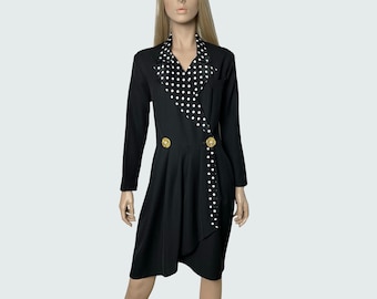 Vintage midi dress with polka dot lapels and gold buttons, prom dress, formal dress, evening dress