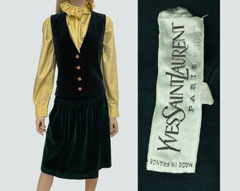 Vintage Yves Saint Laurent YSL velvet green skirt and vest suit with rhinestones buttons, 1970s