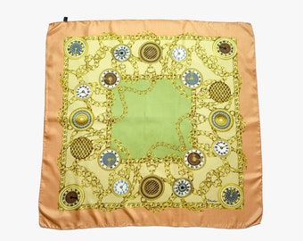 foulard en soie jaune pêche vintage avec impression d'horloge, foulard pour cheveux, bandana en soie, foulard pour cheveux