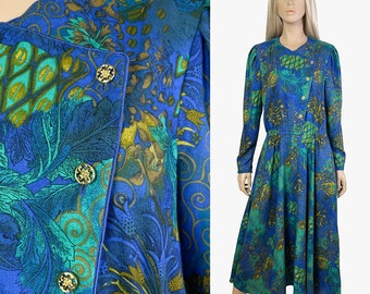 Vintage maxi blue dress with botanical print and gold buttons, 1980s