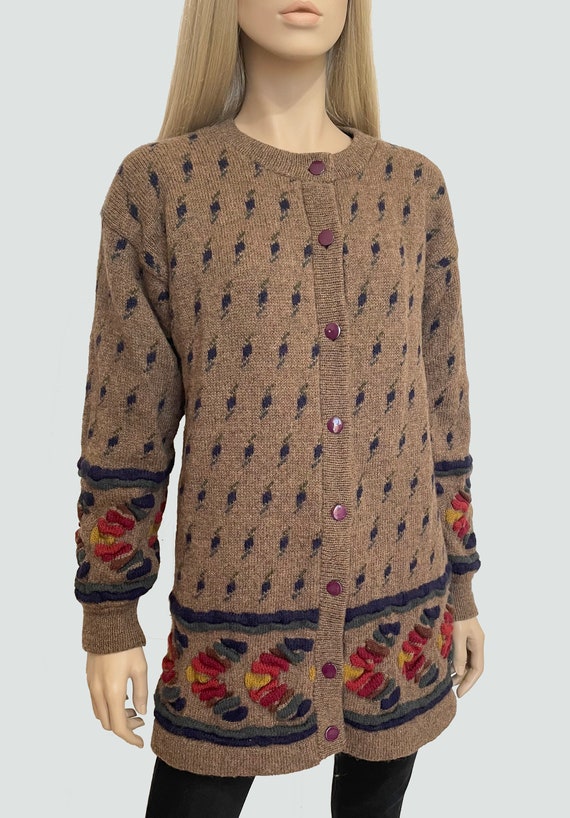 Vintage Tulchan woman embroidered brown cardigan,… - image 2