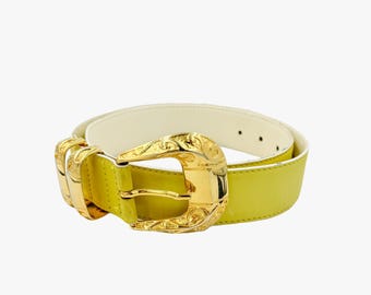 90s Escada vintage leather yellow belt with gold buckle