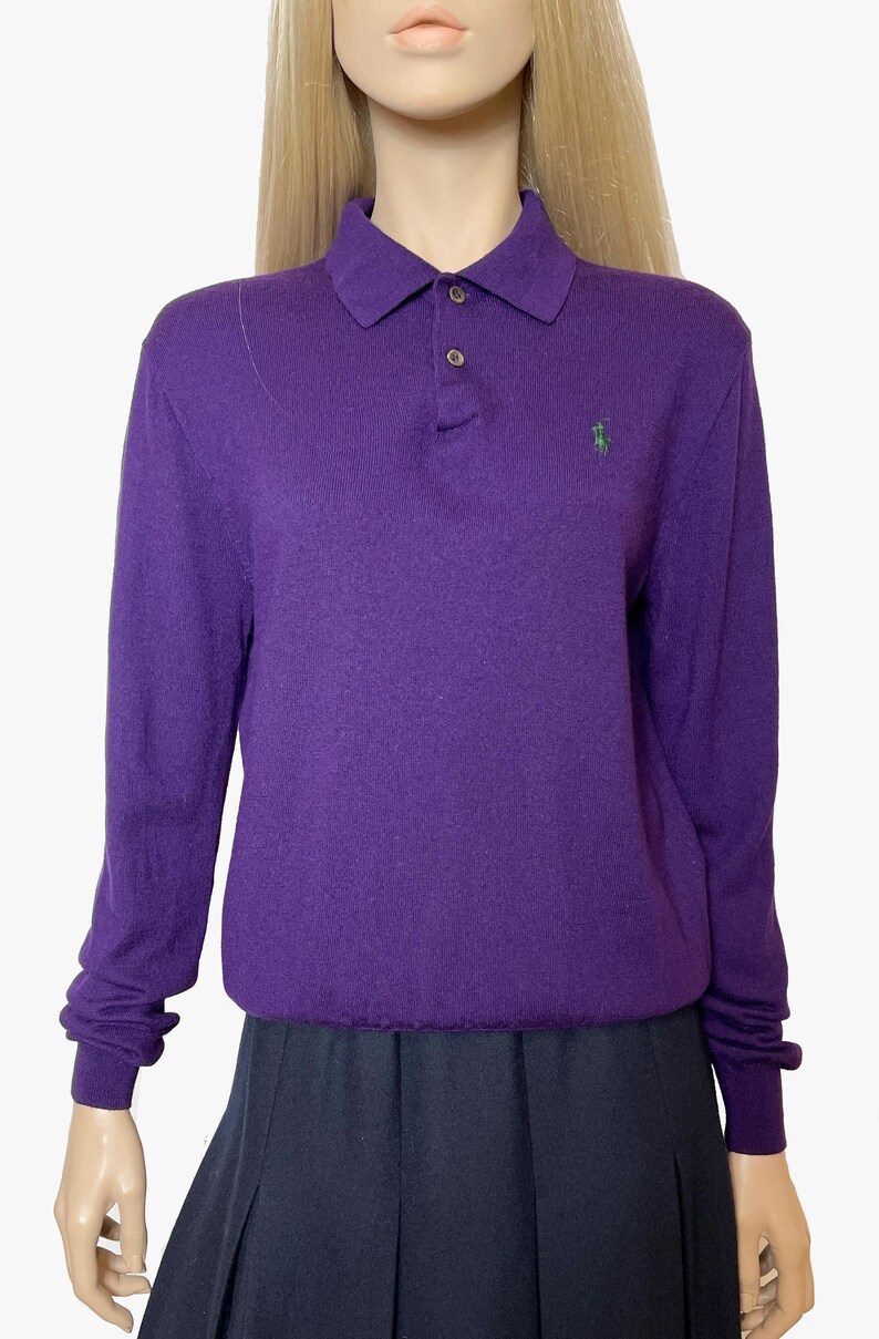Polo Ralph Lauren vintage wool jumper, 90s Polo, collared purple merino wool sweater image 2