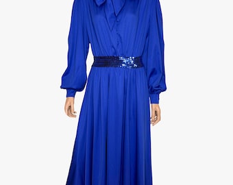 Trina Lewis & Marjon vintage couture electric blue evening sequined dress, formal dress with Sequin Detail and bow, 1970s