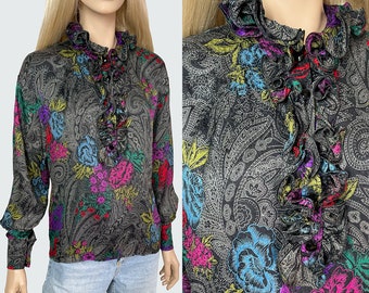 Emanuel Ungaro Parallele floral vintage silk blouse with ruffles, vintage woman silk top, 80s silk shirt